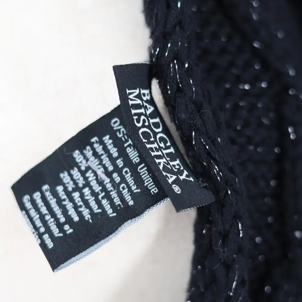 Badgley Mischka Women Black Silver Lurex Wool Blend Cable Knit Fishtail Scarf